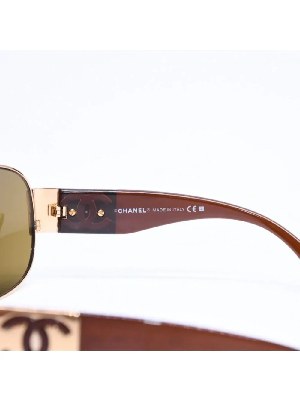 Chanel Side CC Logo Teardrop Sunglasses Metal Acetate Brown Gold Eyewear